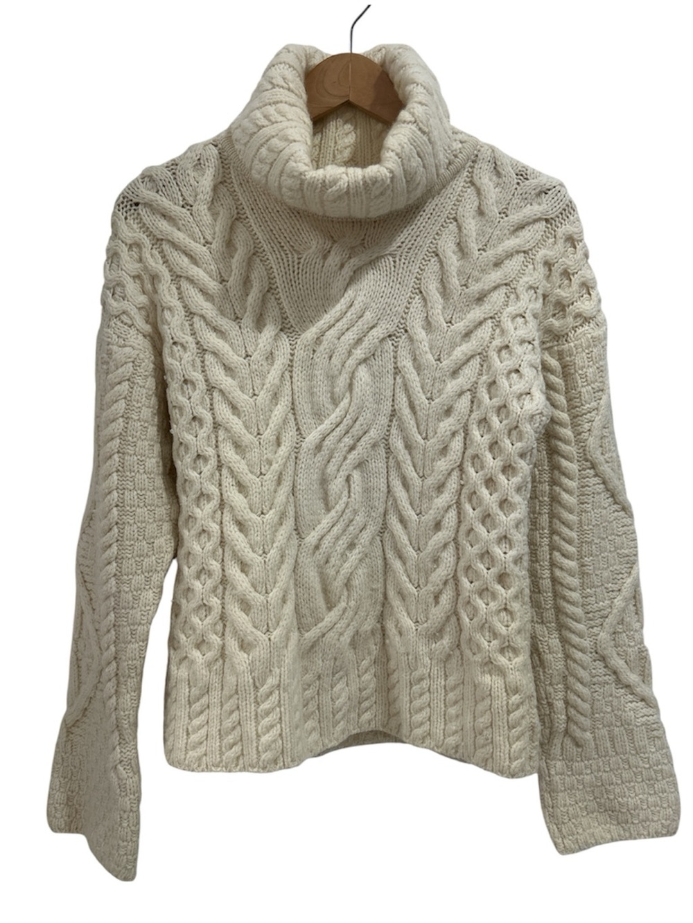 Carraig Donn Aran Merino Wool Cable Knit Fisherman Ivory Turtleneck Sweater - S
